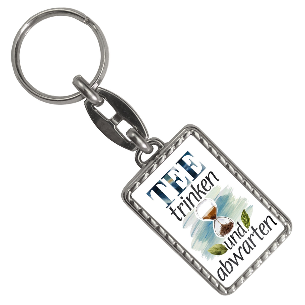 Sanduhr mit Teeblättern Schlüsselanhänger Tee trinken und abwarten