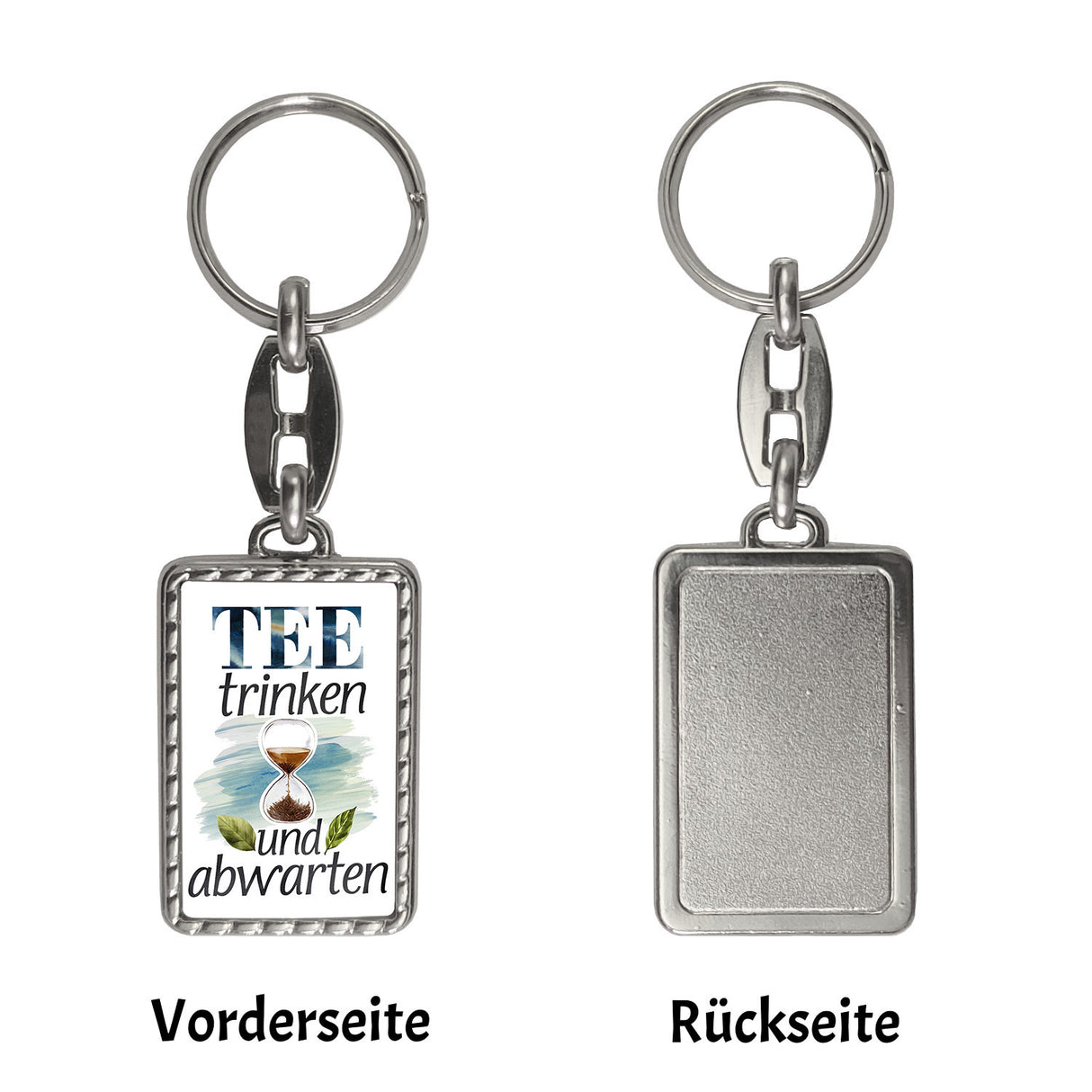 Sanduhr mit Teeblättern Schlüsselanhänger Tee trinken und abwarten