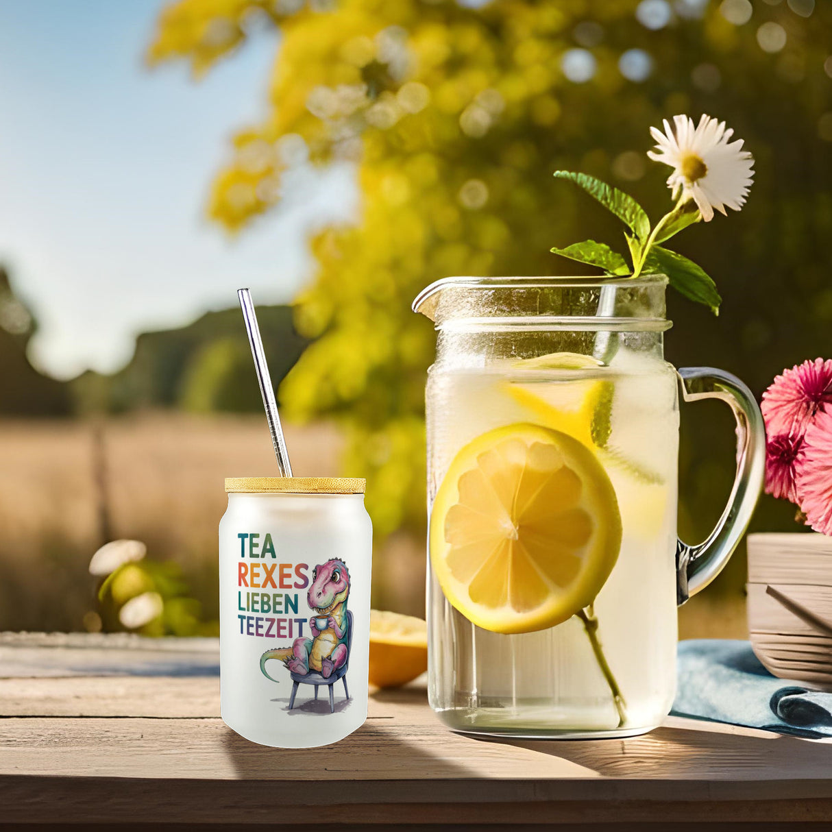 Tea rexes lieben Teezeit Trinkglas mit Bambusdeckel