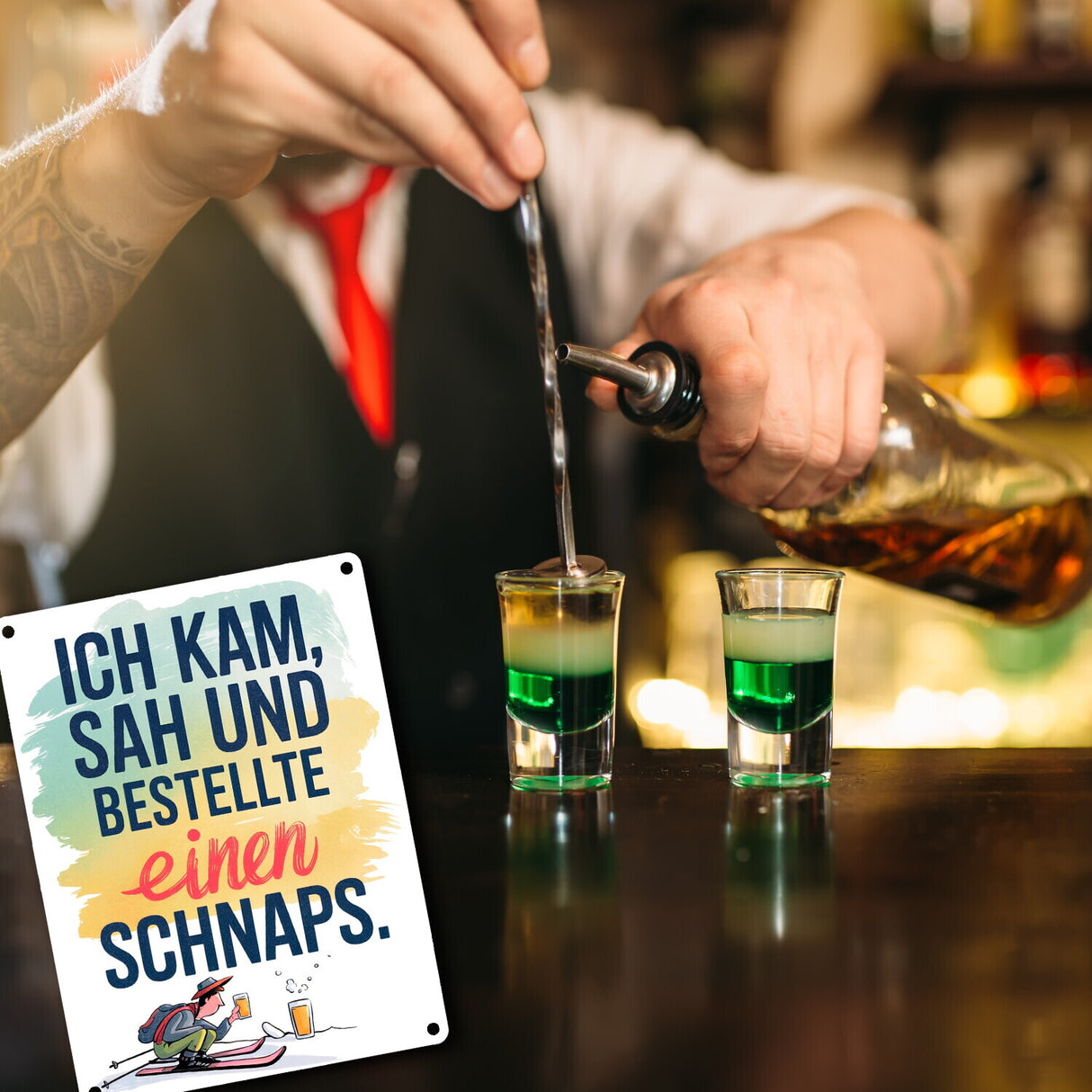 Ich kam, sah, bestellte Schnaps Metallschild in 15x20 cm