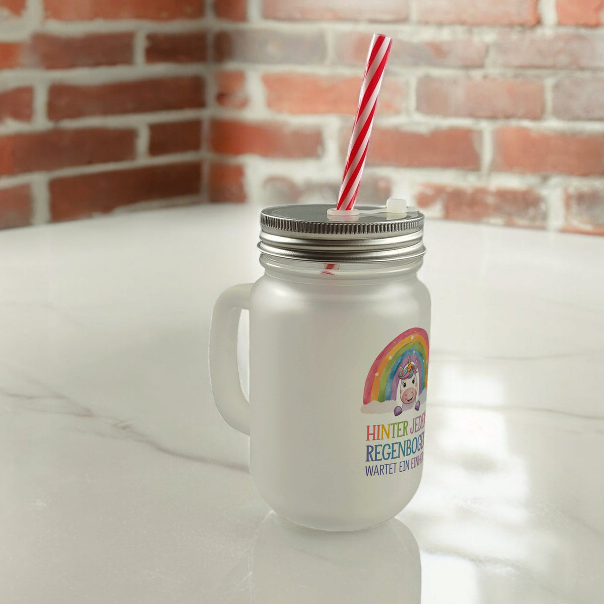 Lächelndes Einhorn Trinkglas mit Bambusdeckel Hinter jedem Regenbogen