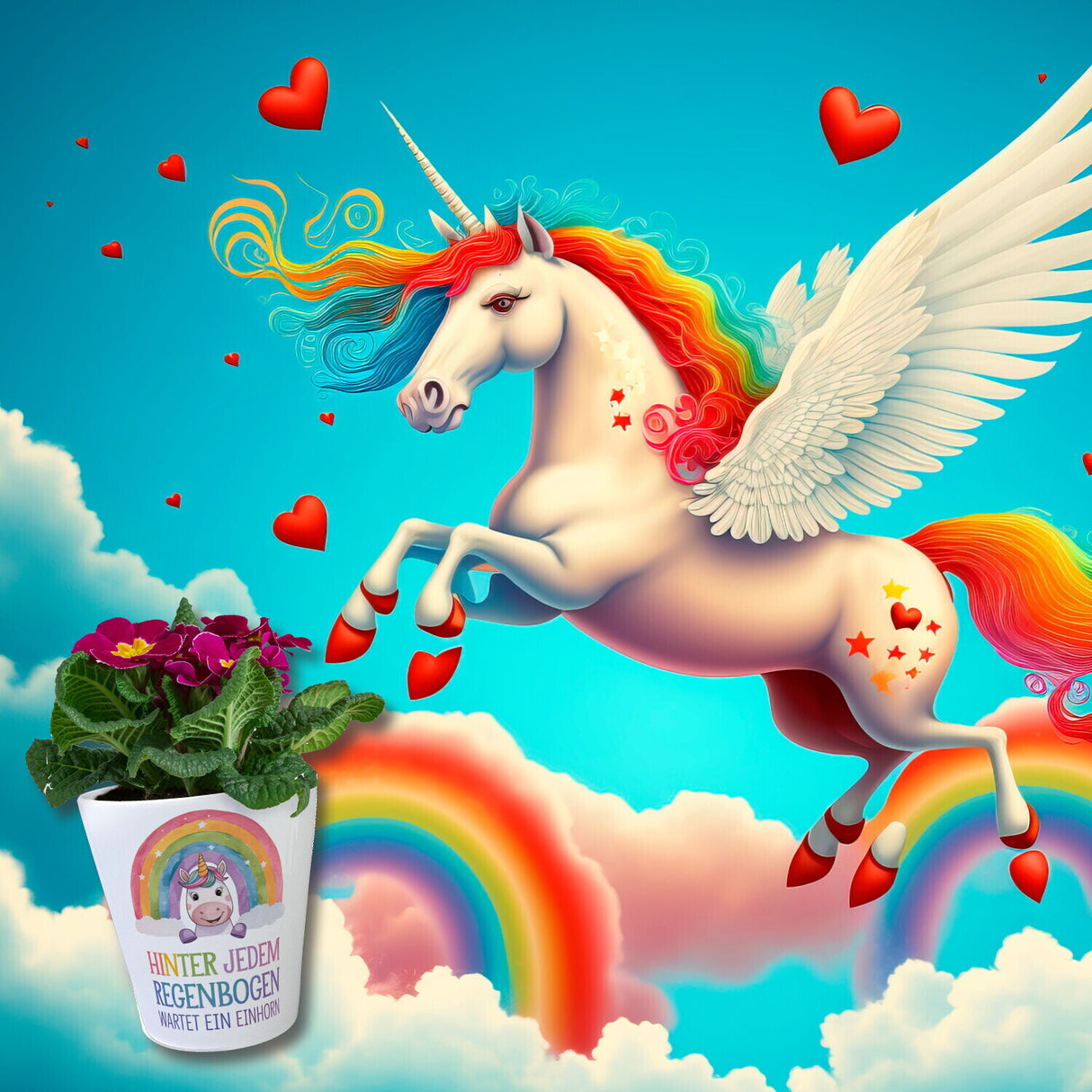 Lächelndes Einhorn Blumentopf Hinter jedem Regenbogen