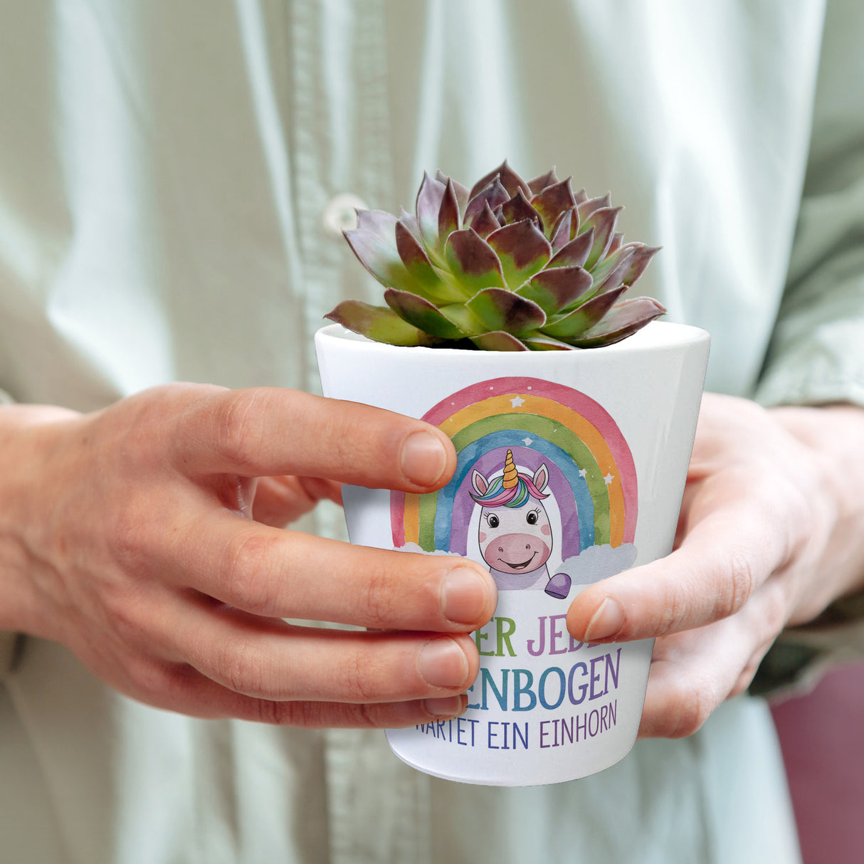 Lächelndes Einhorn Blumentopf Hinter jedem Regenbogen