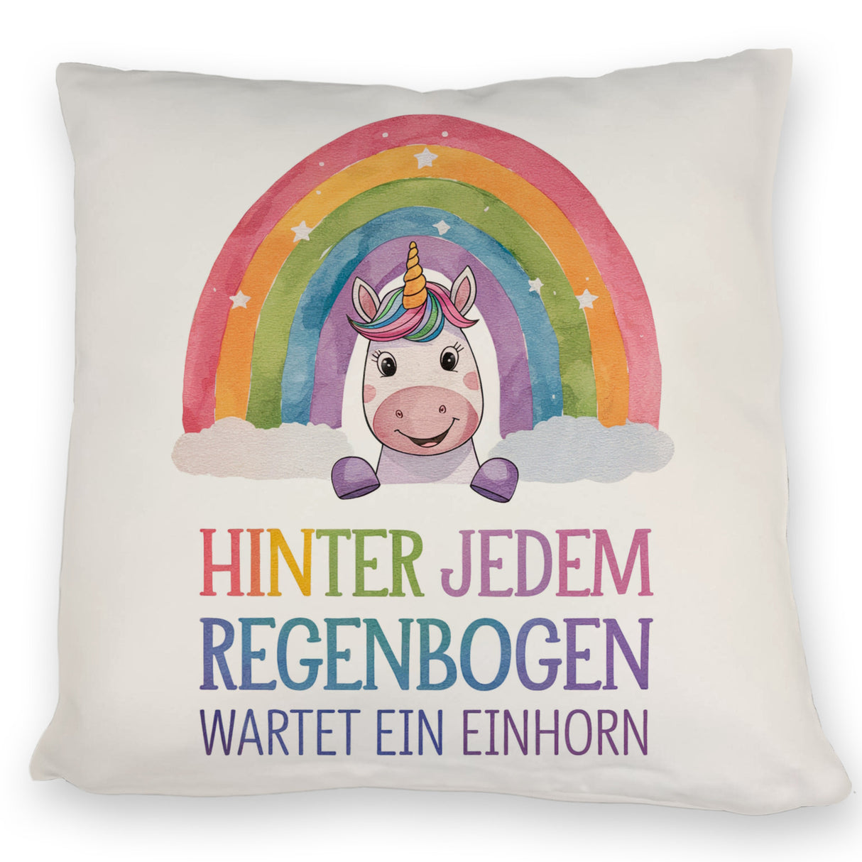 Lächelndes Einhorn Kissen Hinter jedem Regenbogen
