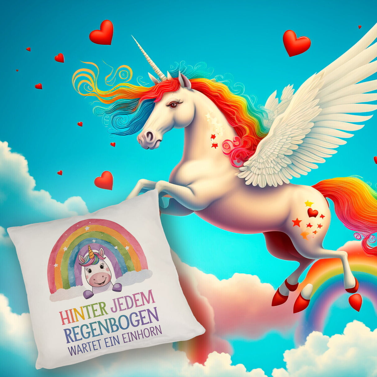 Lächelndes Einhorn Kissen Hinter jedem Regenbogen