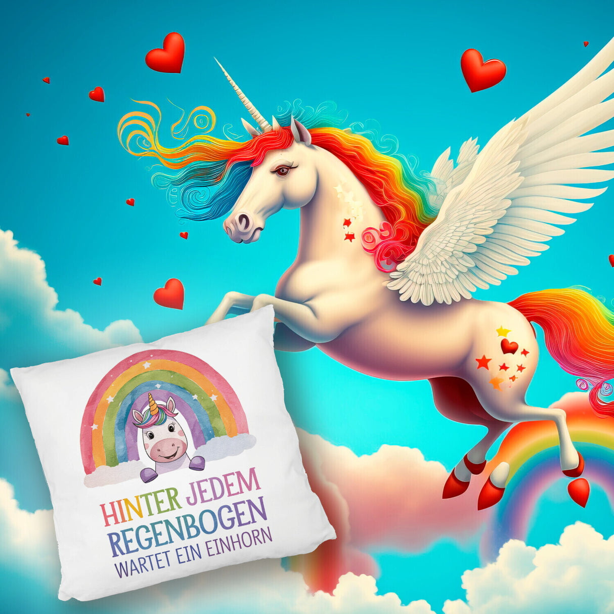 Lächelndes Einhorn Kissen Hinter jedem Regenbogen