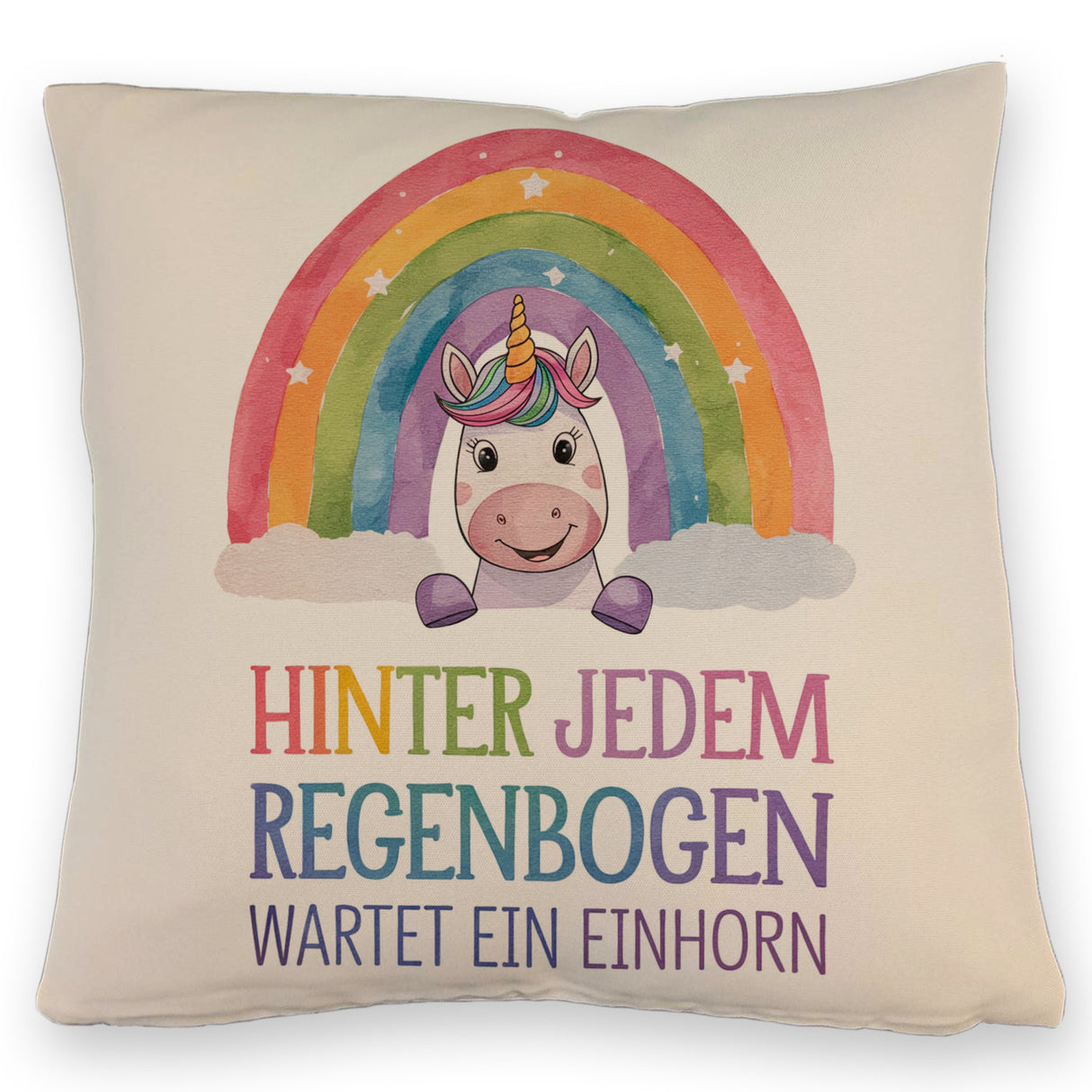 Lächelndes Einhorn Kissen Hinter jedem Regenbogen