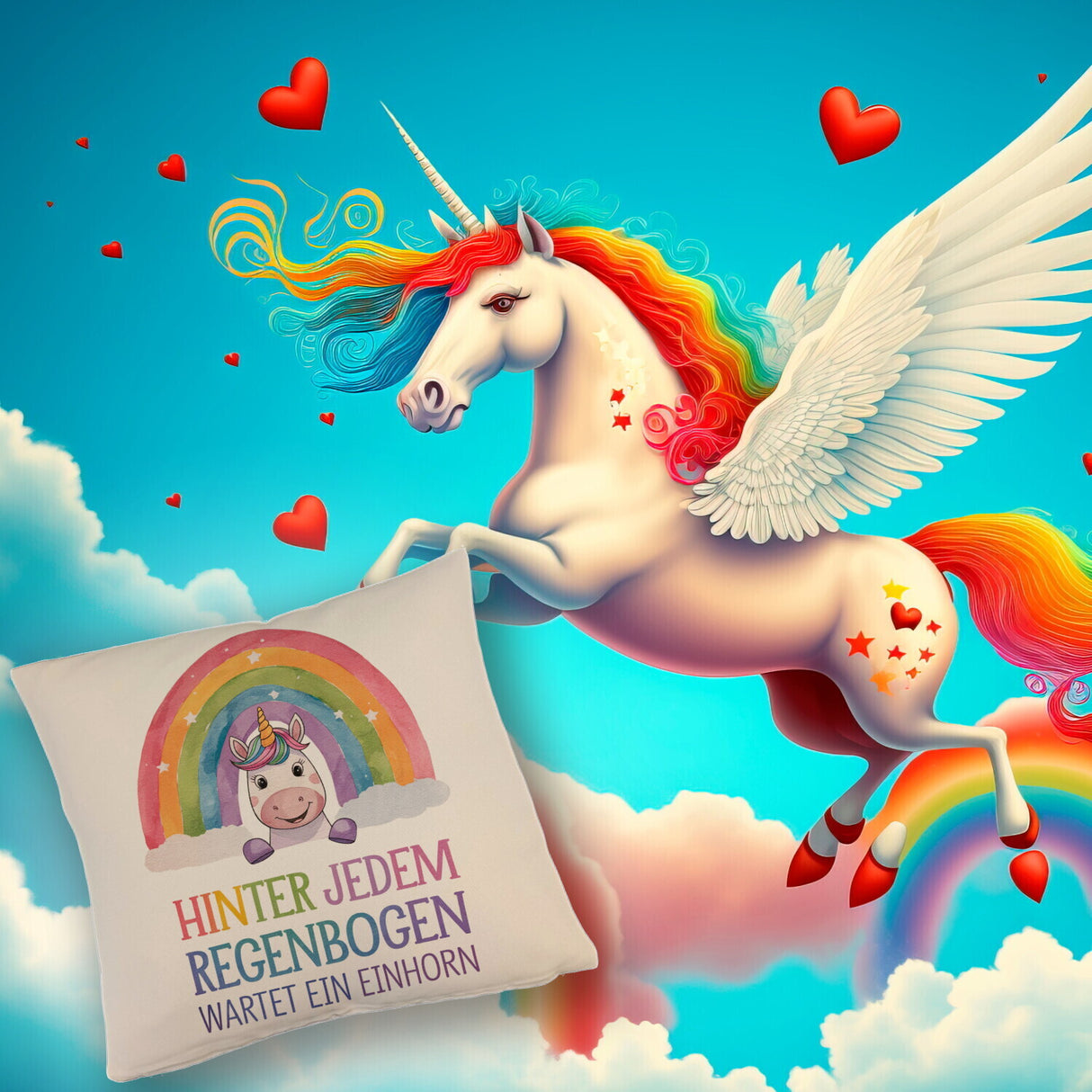 Lächelndes Einhorn Kissen Hinter jedem Regenbogen