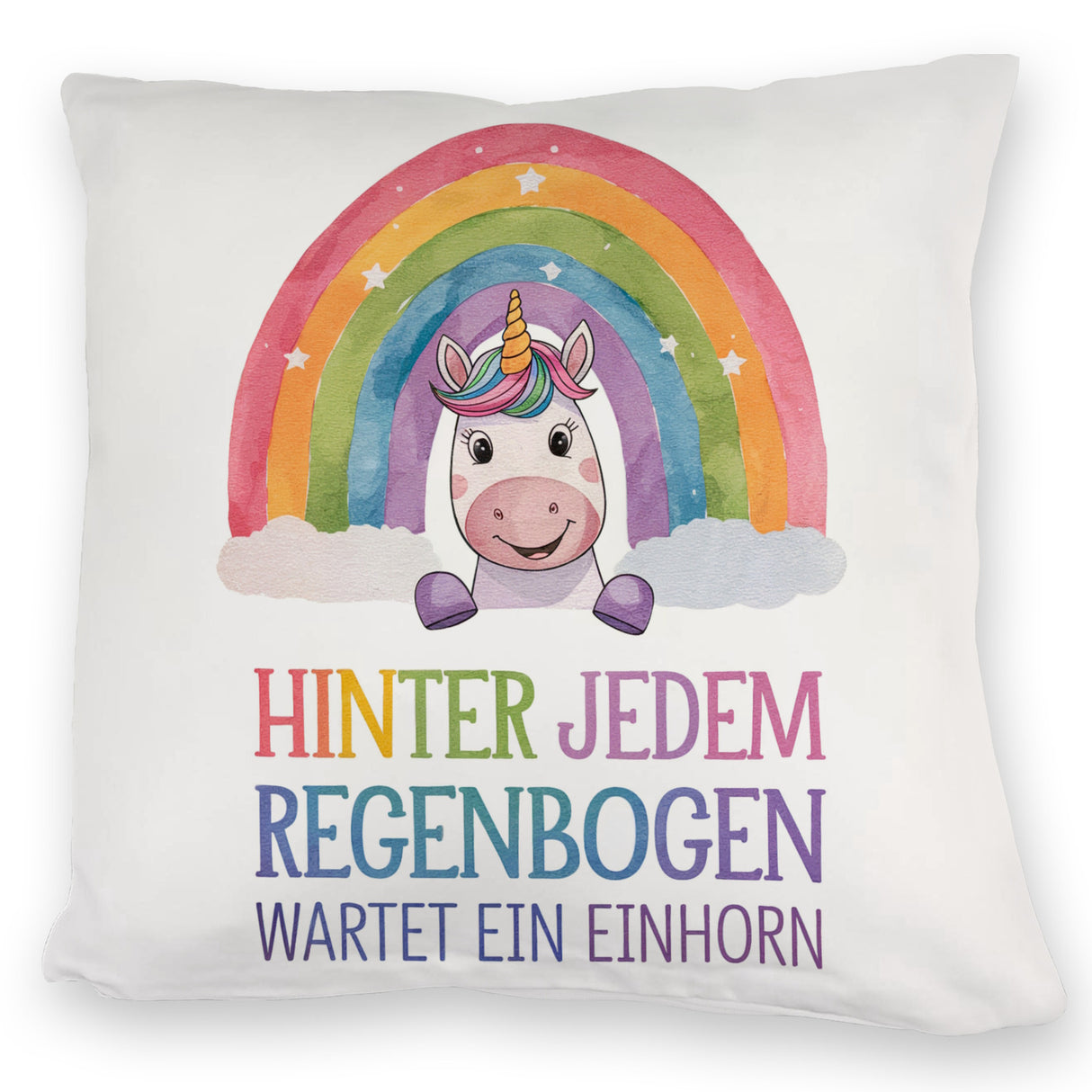 Lächelndes Einhorn Kissen Hinter jedem Regenbogen