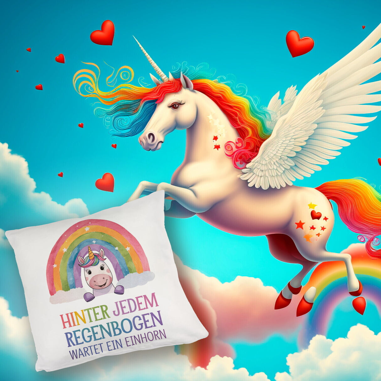 Lächelndes Einhorn Kissen Hinter jedem Regenbogen