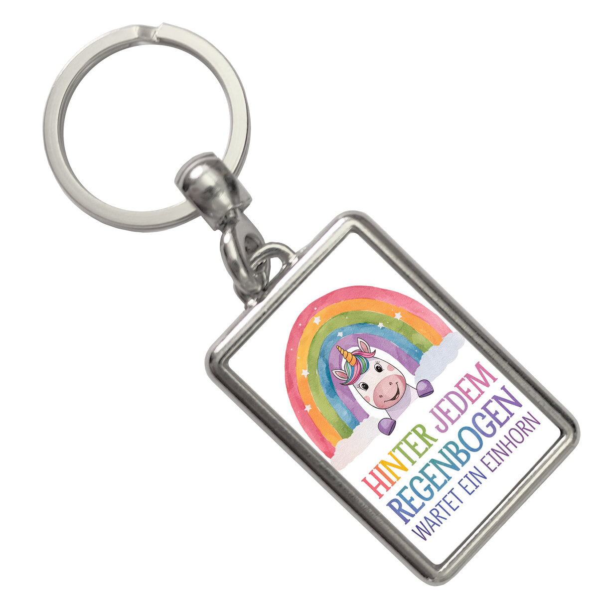 Lächelndes Einhorn Schlüsselanhänger Hinter jedem Regenbogen