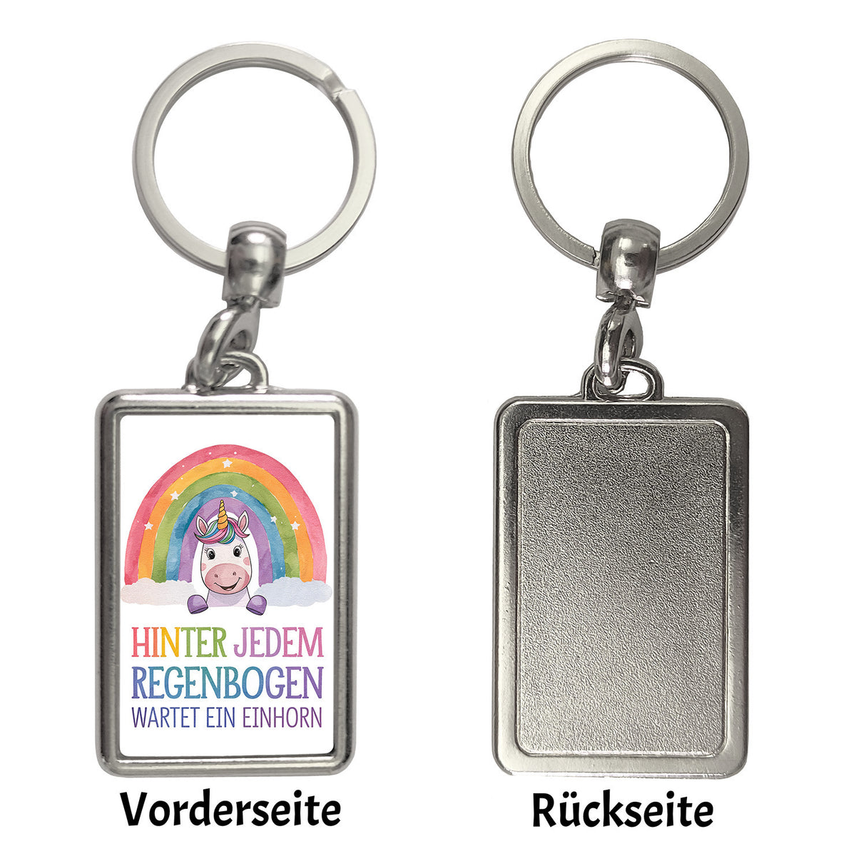 Lächelndes Einhorn Schlüsselanhänger Hinter jedem Regenbogen