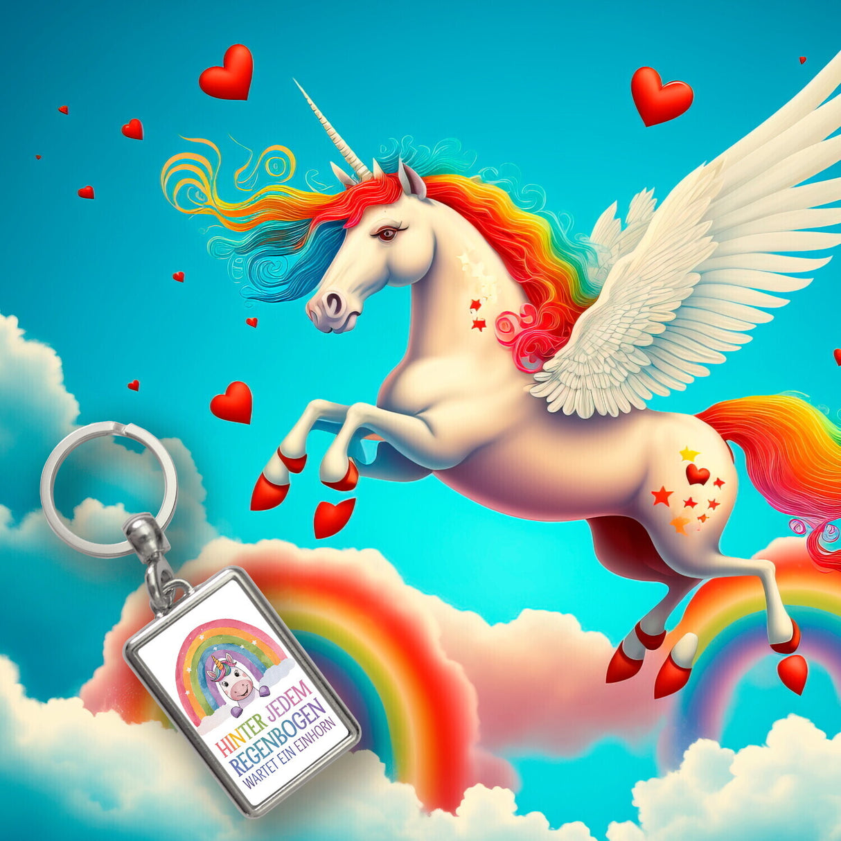 Lächelndes Einhorn Schlüsselanhänger Hinter jedem Regenbogen
