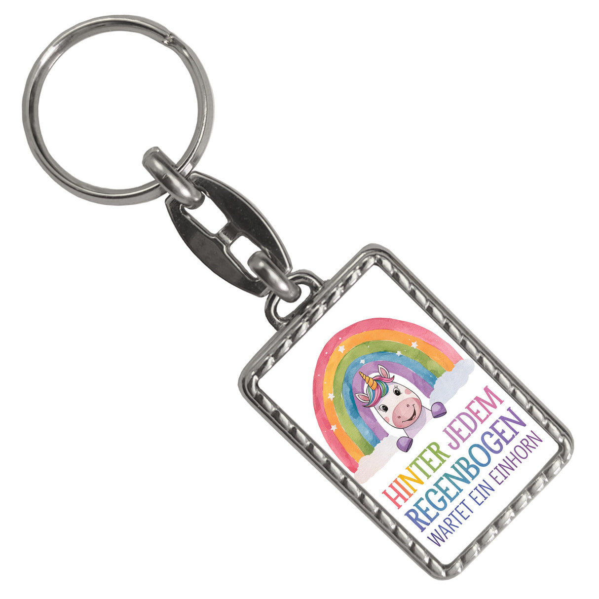 Lächelndes Einhorn Schlüsselanhänger Hinter jedem Regenbogen