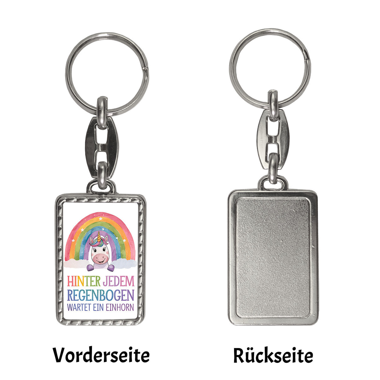 Lächelndes Einhorn Schlüsselanhänger Hinter jedem Regenbogen