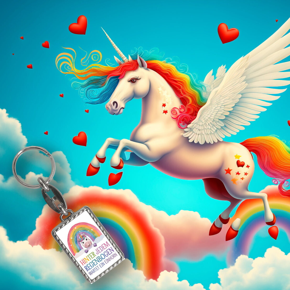Lächelndes Einhorn Schlüsselanhänger Hinter jedem Regenbogen