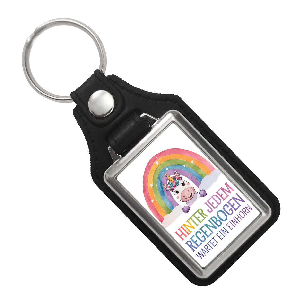Lächelndes Einhorn Schlüsselanhänger Hinter jedem Regenbogen