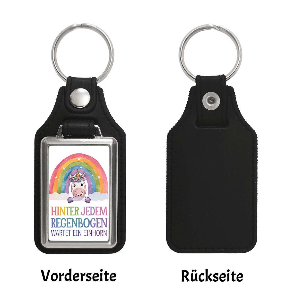 Lächelndes Einhorn Schlüsselanhänger Hinter jedem Regenbogen