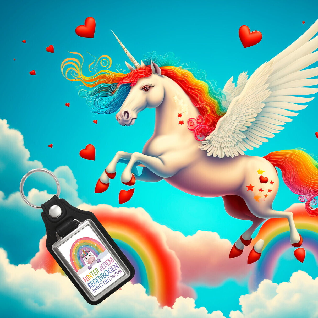 Lächelndes Einhorn Schlüsselanhänger Hinter jedem Regenbogen