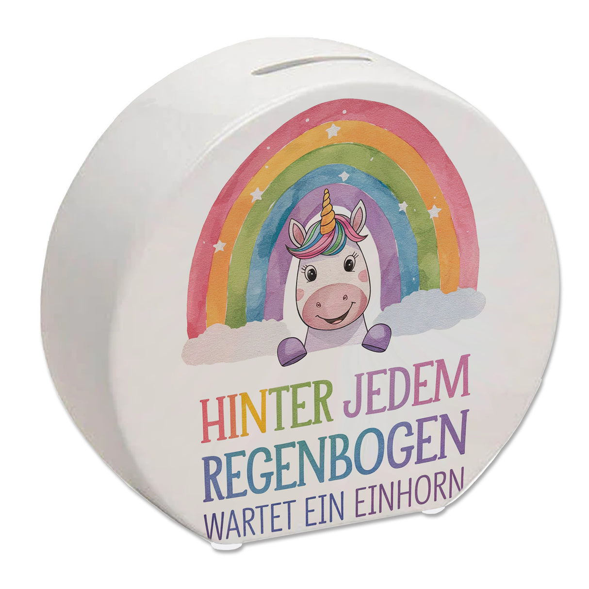Lächelndes Einhorn Spardose Hinter jedem Regenbogen