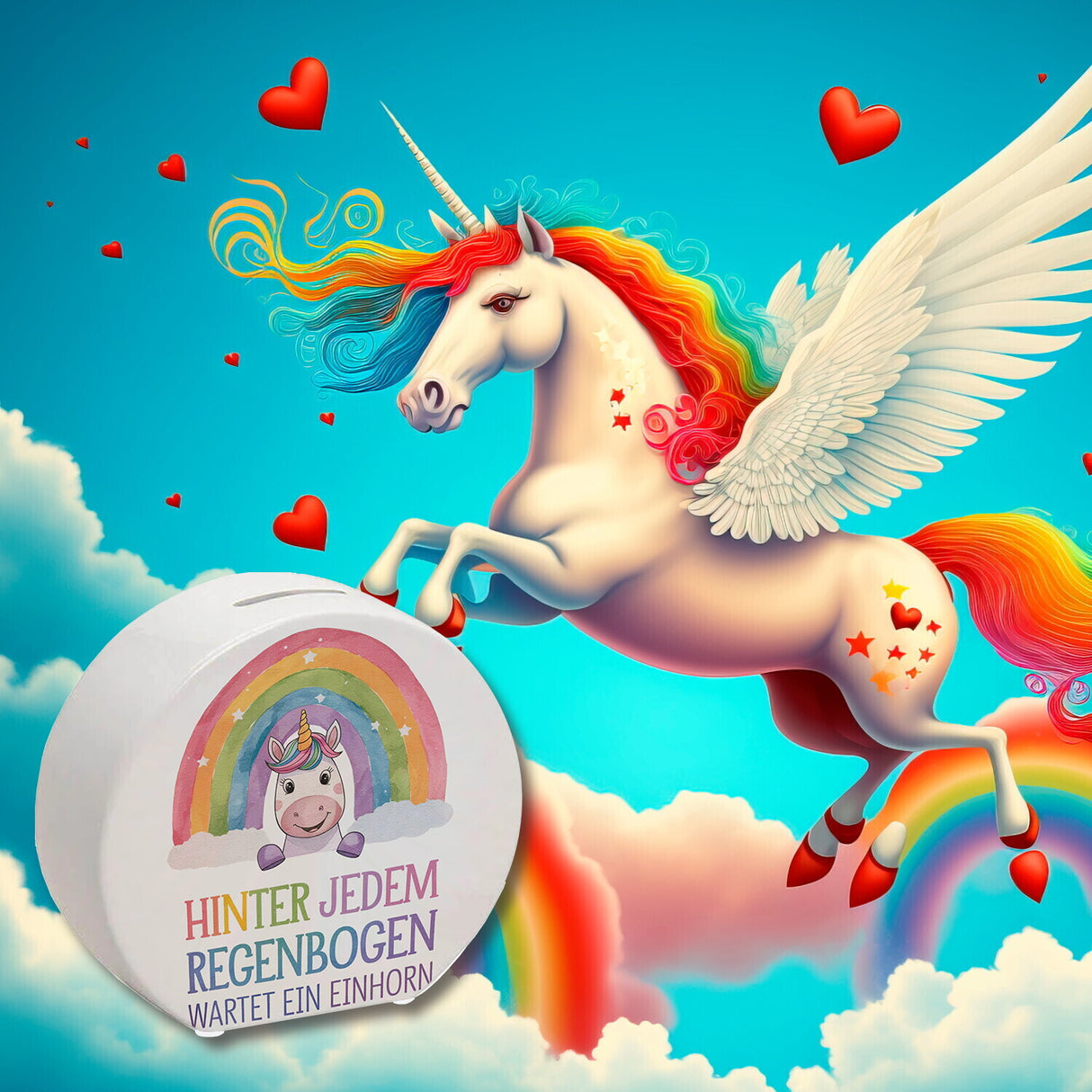 Lächelndes Einhorn Spardose Hinter jedem Regenbogen