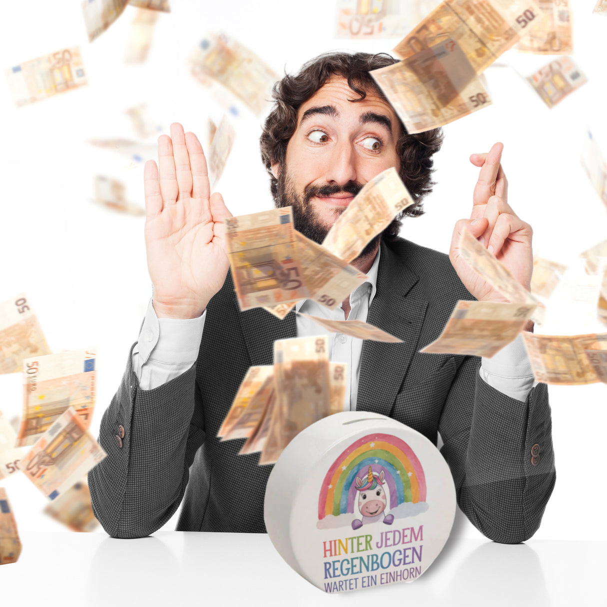 Lächelndes Einhorn Spardose Hinter jedem Regenbogen