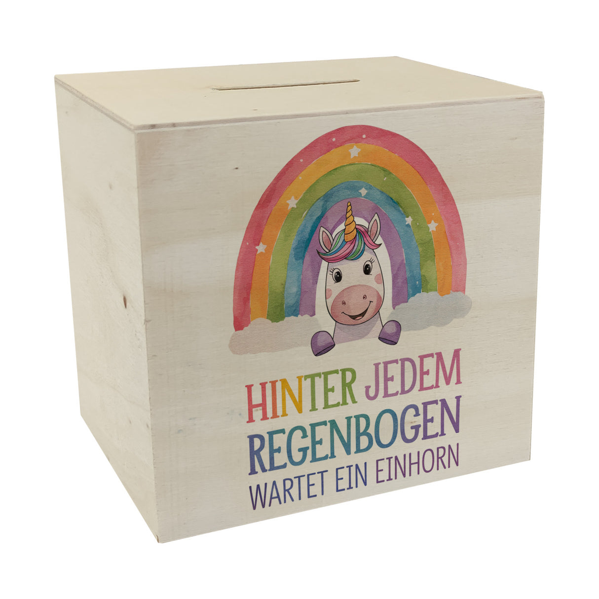 Lächelndes Einhorn Spardose Hinter jedem Regenbogen