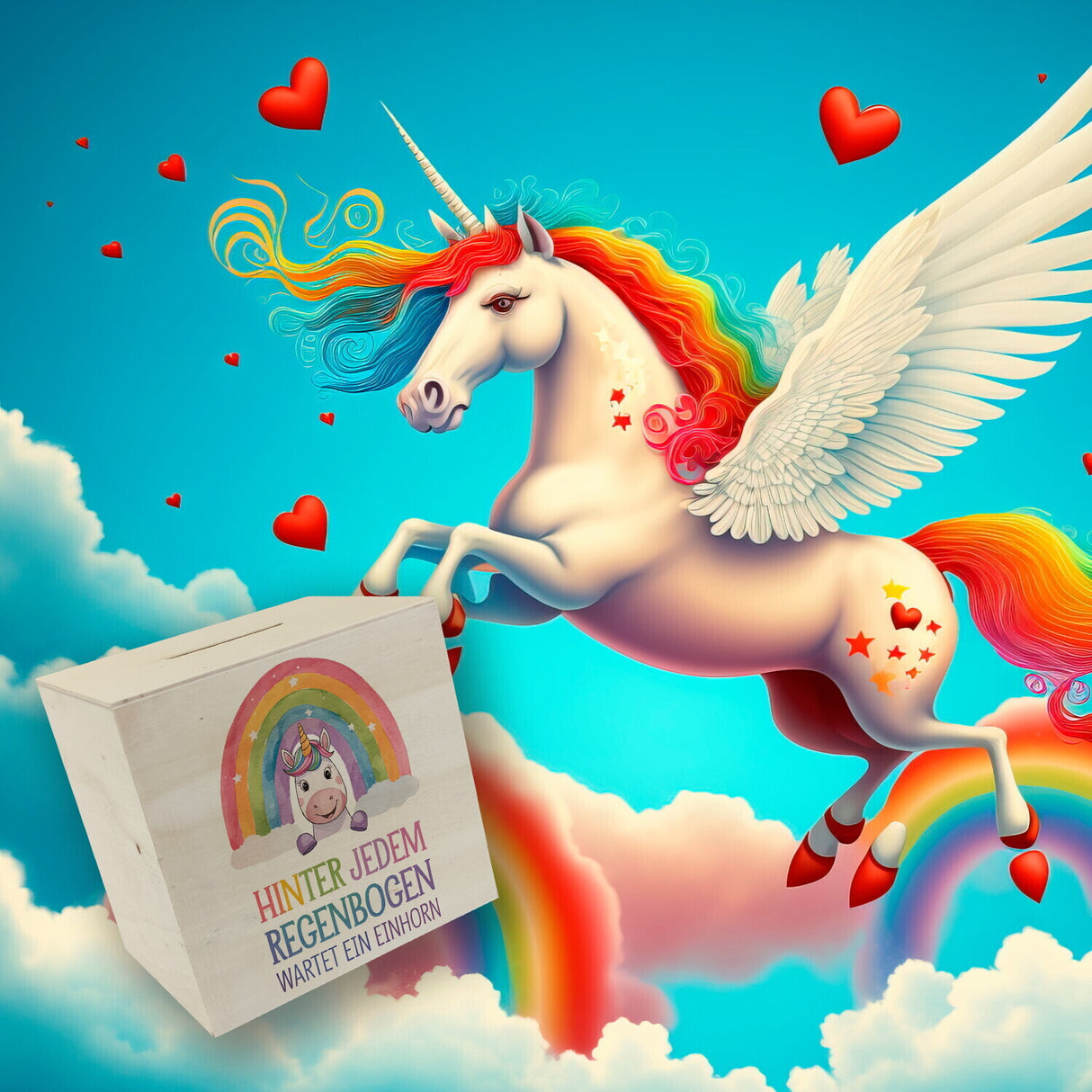 Lächelndes Einhorn Spardose Hinter jedem Regenbogen