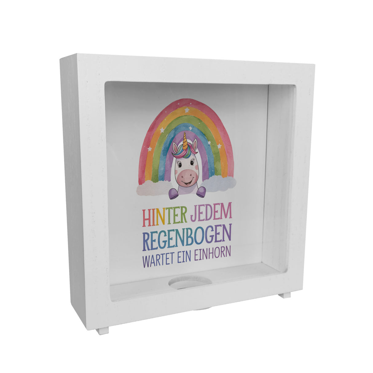 Lächelndes Einhorn Spardose Hinter jedem Regenbogen