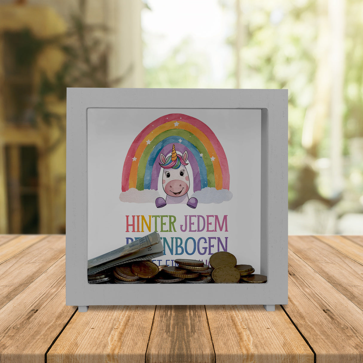 Lächelndes Einhorn Spardose Hinter jedem Regenbogen