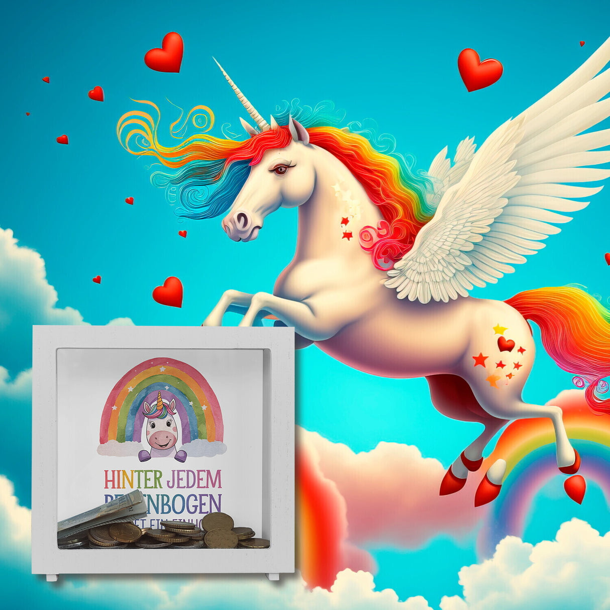 Lächelndes Einhorn Spardose Hinter jedem Regenbogen
