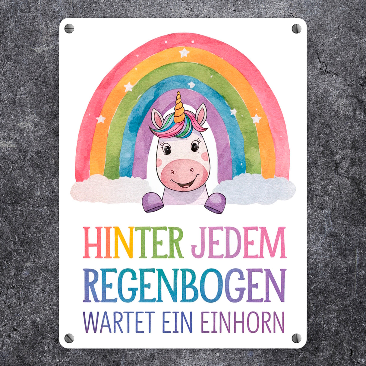 Lächelndes Einhorn Metallschild in 15x20 cm Hinter jedem Regenbogen
