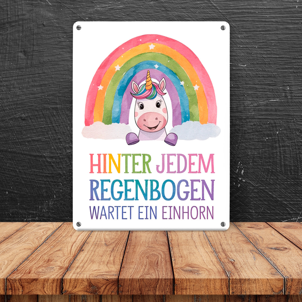 Lächelndes Einhorn Metallschild in 15x20 cm Hinter jedem Regenbogen