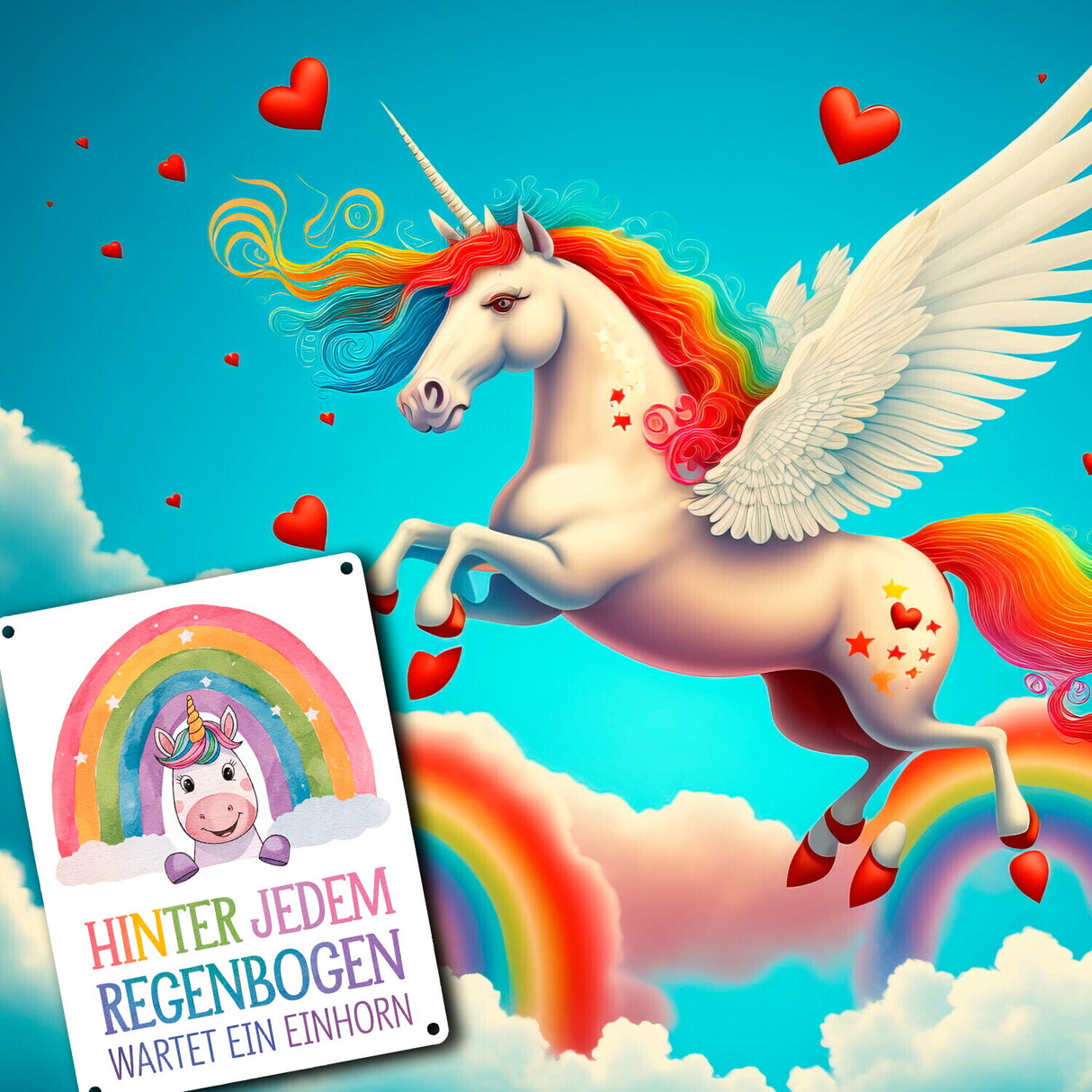 Lächelndes Einhorn Metallschild in 15x20 cm Hinter jedem Regenbogen