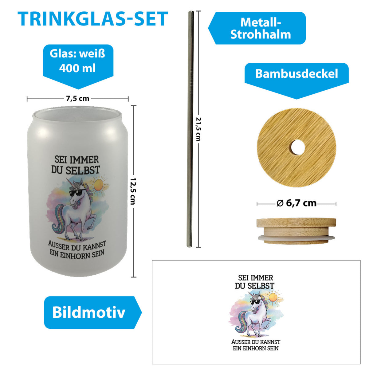 Einhorn mit Sonnenbrille Trinkglas mit Bambusdeckel Sei ein Einhorn