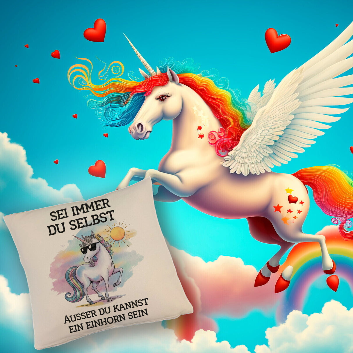 Einhorn mit Sonnenbrille Kissen Sei ein Einhorn