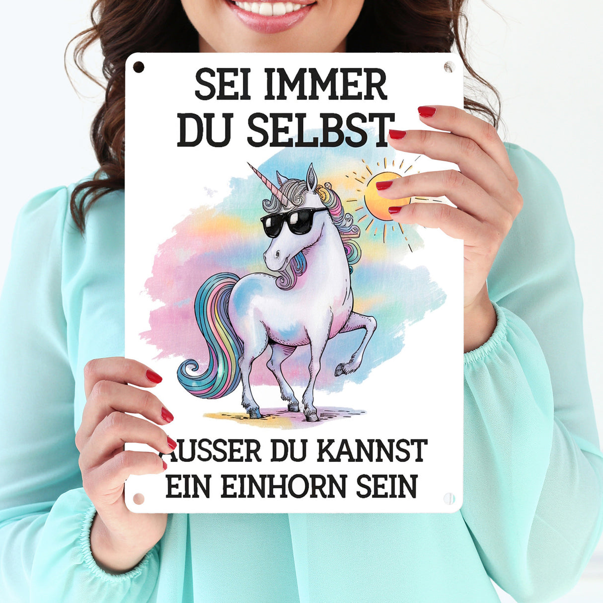 Einhorn mit Sonnenbrille Metallschild in 15x20 cm Sei ein Einhorn
