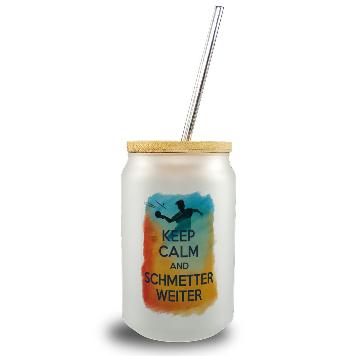 Tischtennisspieler in Aktion Trinkglas mit Bambusdeckel Keep Calm und Schmetter weiter