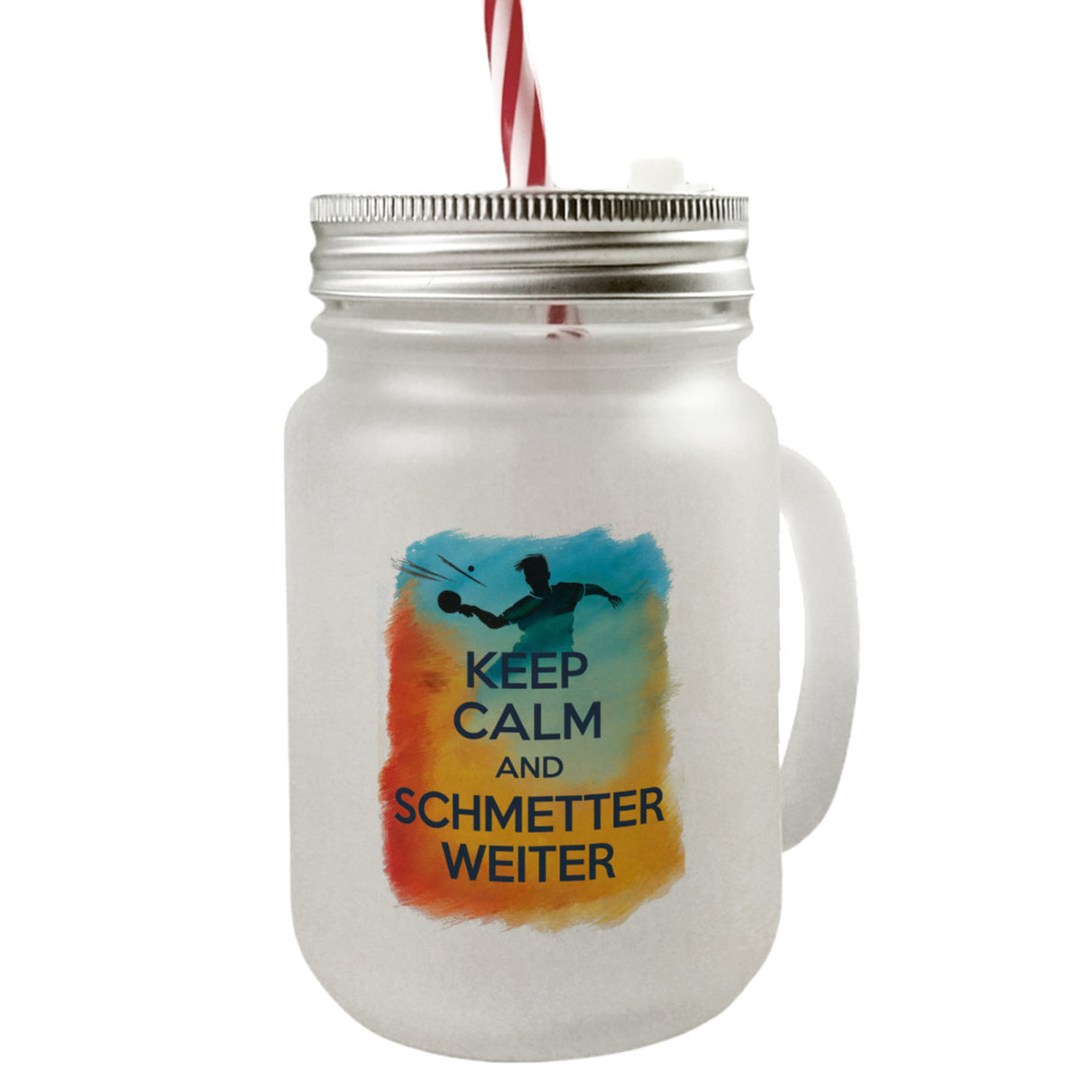 Tischtennisspieler in Aktion Trinkglas mit Bambusdeckel Keep Calm und Schmetter weiter
