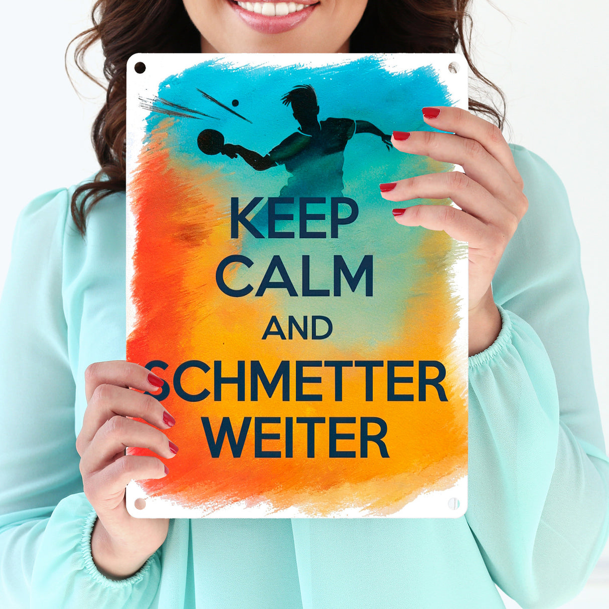 Tischtennisspieler in Aktion Metallschild in 15x20 cm Keep Calm und Schmetter weiter