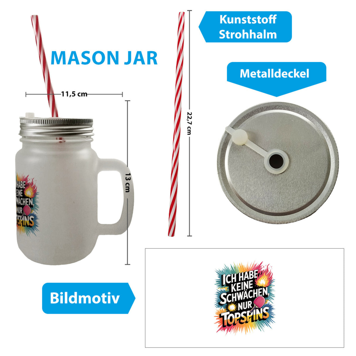 Keine Schwächen, nur Topspins Trinkglas mit Bambusdeckel Tischtennisschläger und Ball