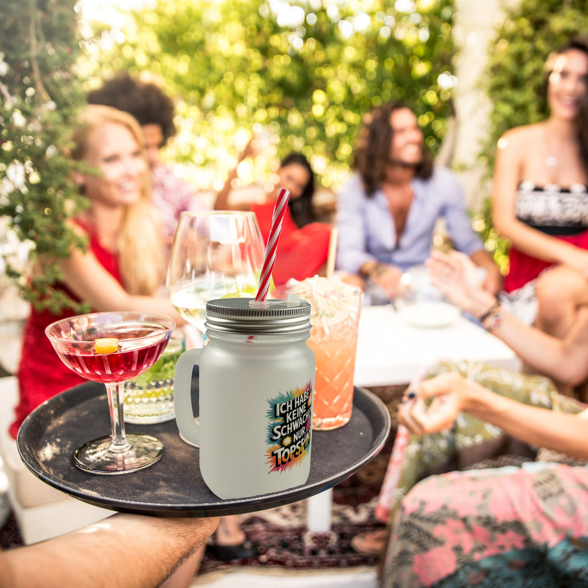 Keine Schwächen, nur Topspins Trinkglas mit Bambusdeckel Tischtennisschläger und Ball