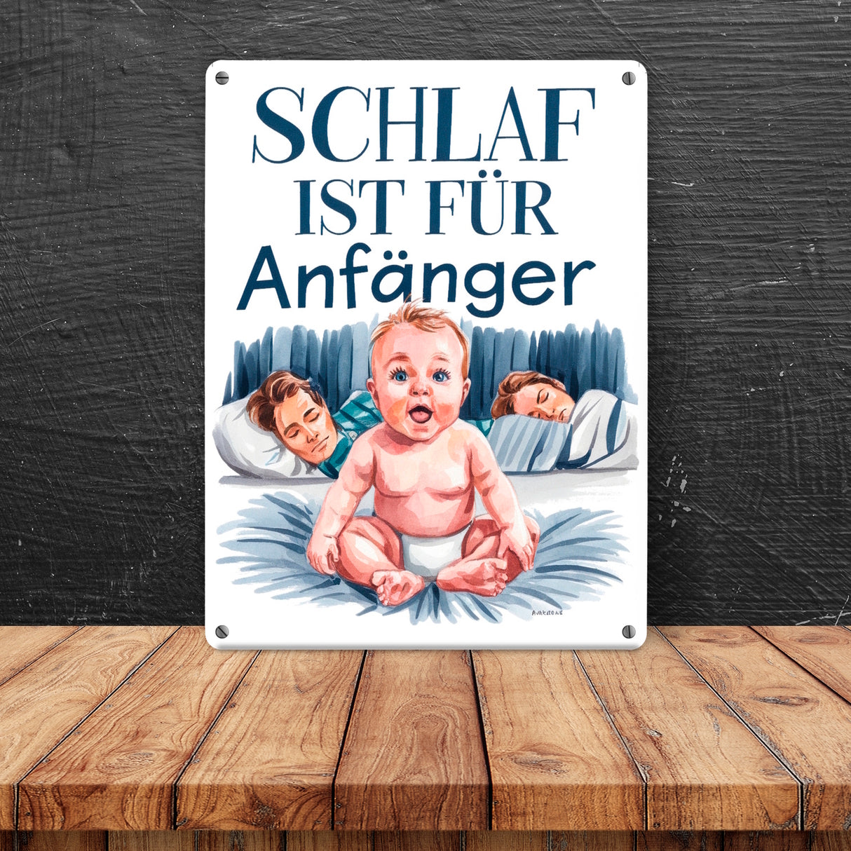 Schlaf ist für Anfänger Metallschild in 15x20 cm Baby in Windeln