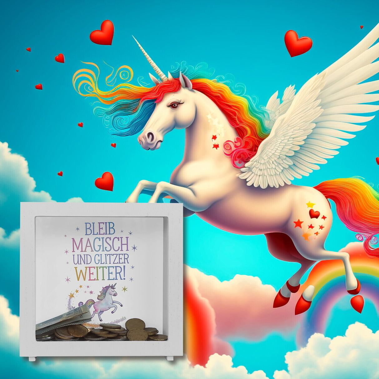 Einhorn mit Regenbogenmähne Spardose Bleib magisch, glitzer weiter