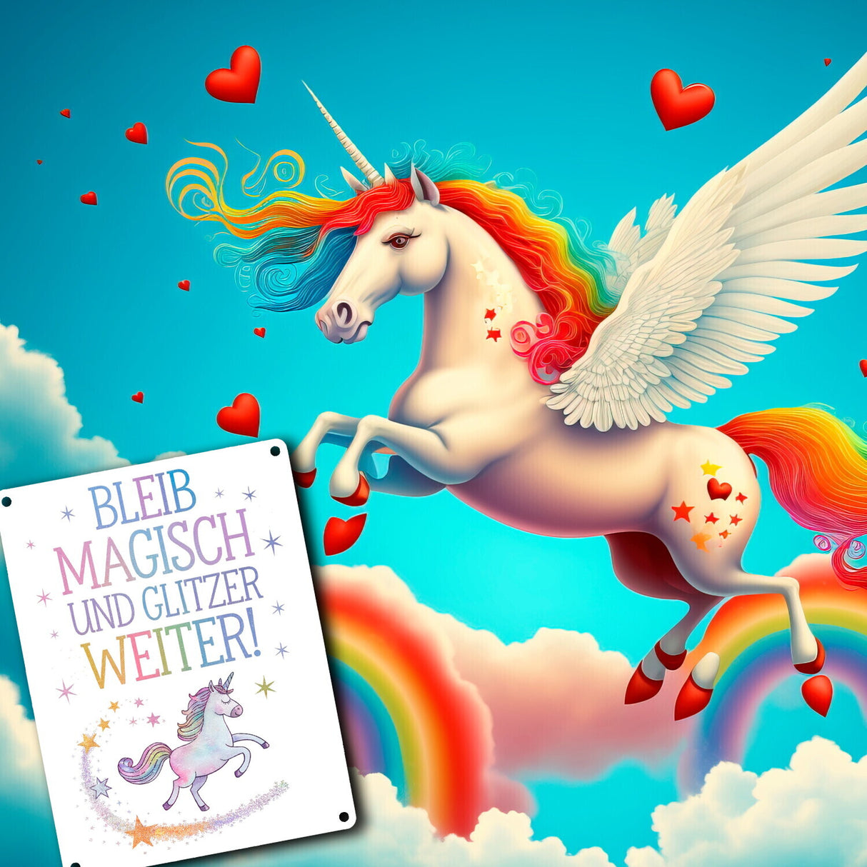 Einhorn mit Regenbogenmähne Metallschild in 15x20 cm Bleib magisch, glitzer weiter