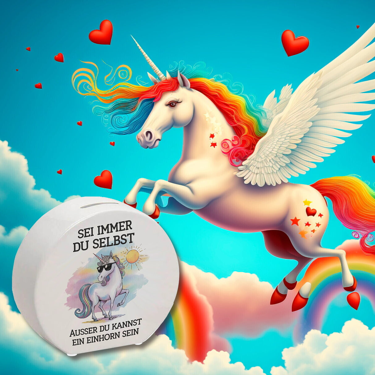 Einhorn mit Sonnenbrille Spardose Sei ein Einhorn