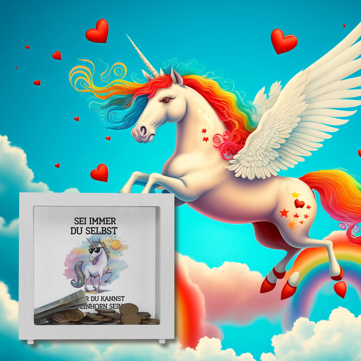 Einhorn mit Sonnenbrille Spardose Sei ein Einhorn