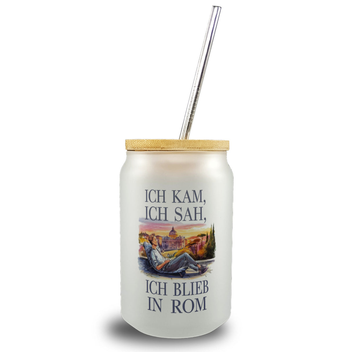 Ich kam, ich sah, ich blieb in Rom Trinkglas mit Bambusdeckel
