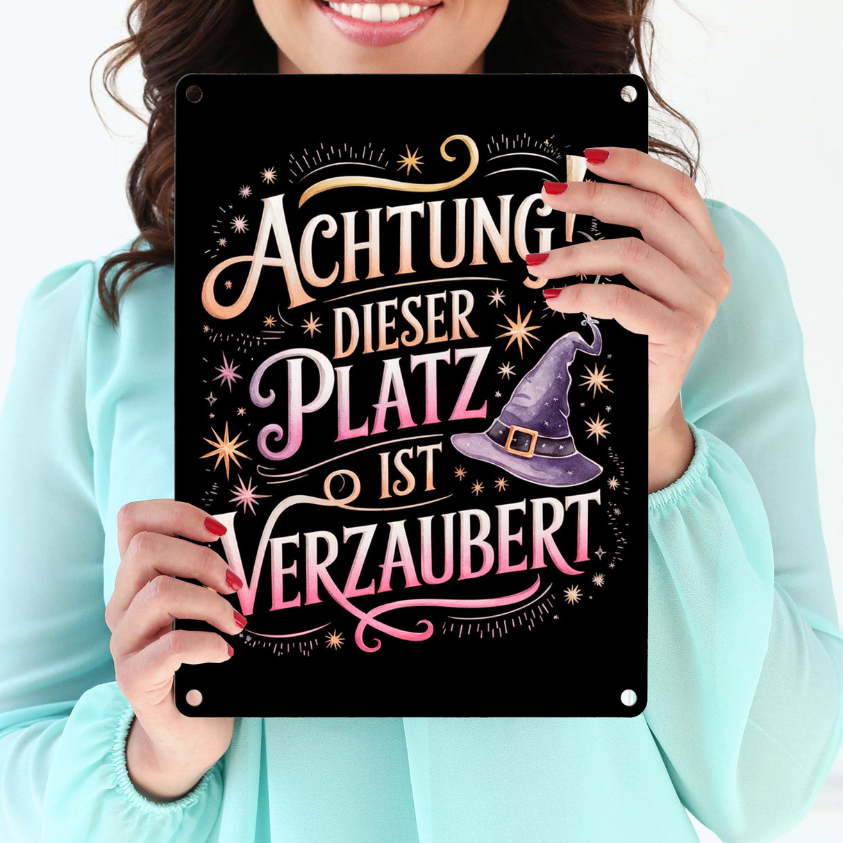 Achtung Platz ist verzaubert Metallschild in 15x20 cm Hexenhut