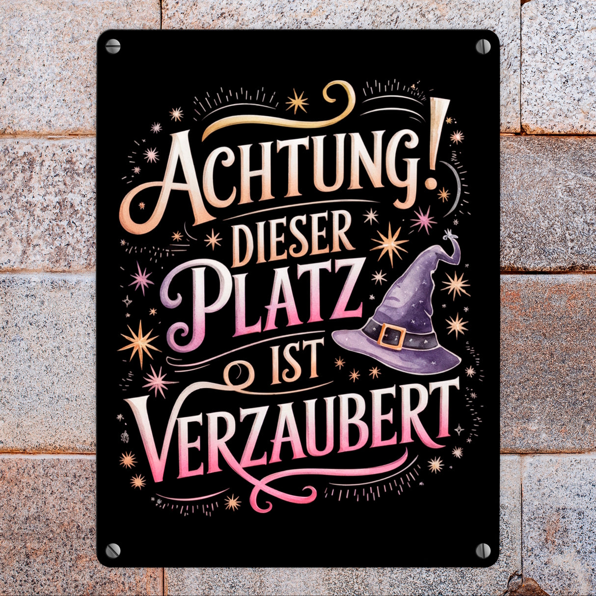Achtung Platz ist verzaubert Metallschild in 15x20 cm Hexenhut
